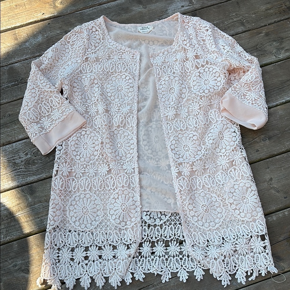 Molly Bracken Elegant Lace Open-Front Cardigan size L